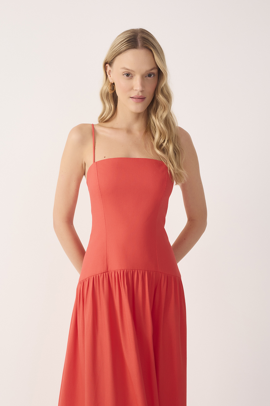 Red Smocked Spaghetti Straps Midi Dress