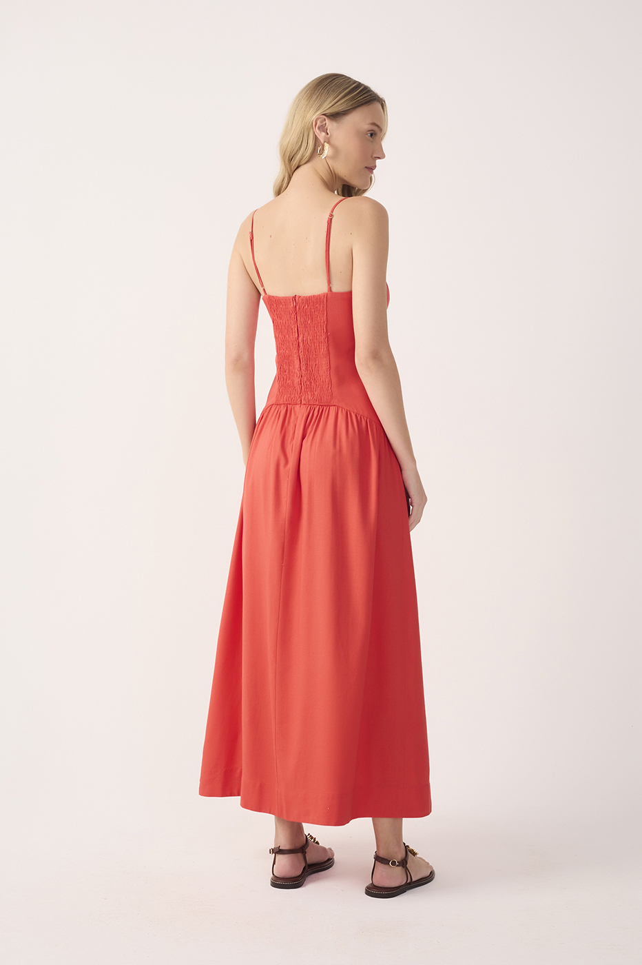 Red Smocked Spaghetti Straps Midi Dress