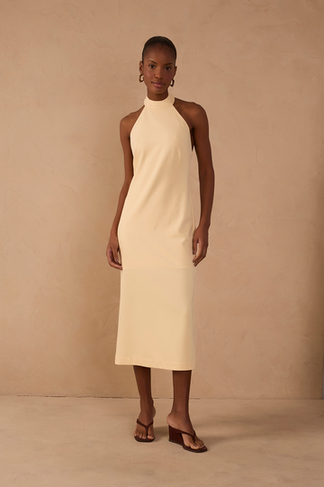 Beige Halter Neck Tailored Midi Dress
