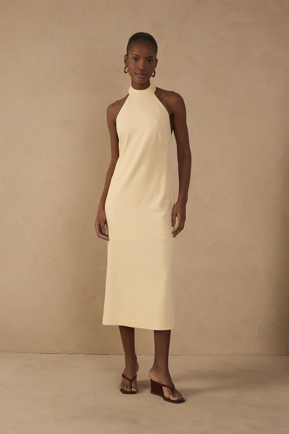 Beige Halter Neck Tailored Midi Dress