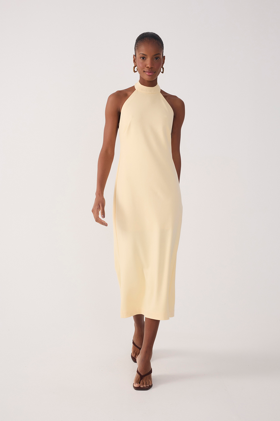 Beige Halter Neck Tailored Midi Dress