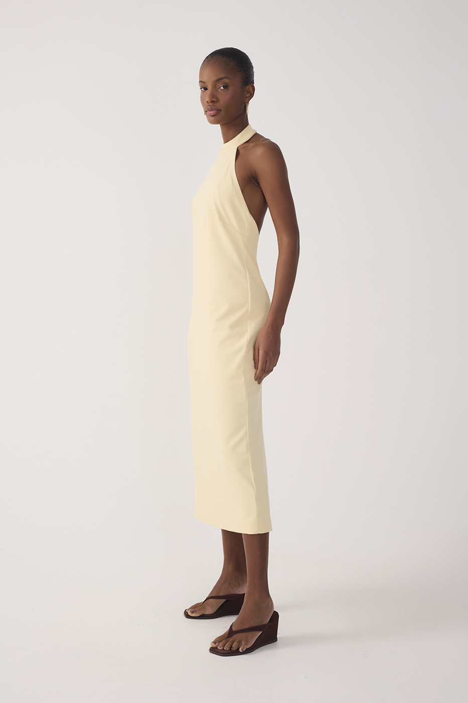 Beige Halter Neck Tailored Midi Dress