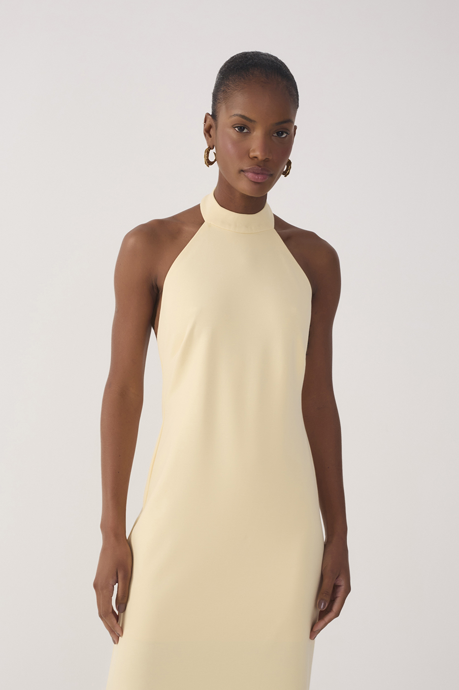 Beige Halter Neck Tailored Midi Dress