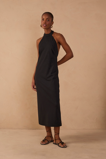 Black Halter Neck Tailored Midi Dress