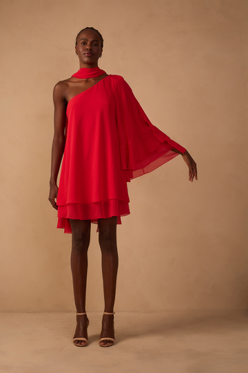 Sunset Red Asymmetric One-Shoulder Chiffon Gown with Waist Tie ¨C Thati Amorim Collection