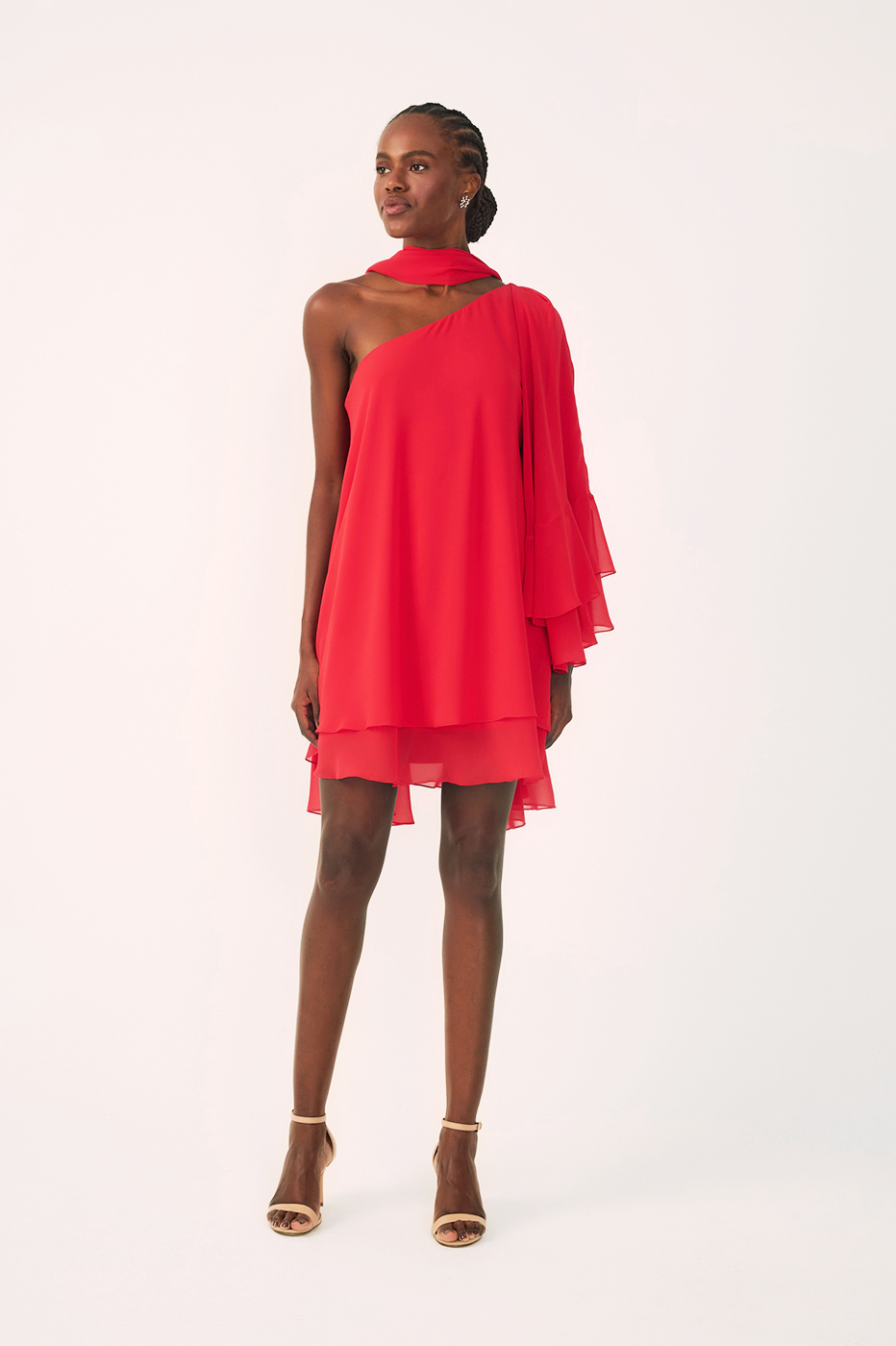 Sunset Red Asymmetric One-Shoulder Chiffon Gown with Waist Tie ¨C Thati Amorim Collection