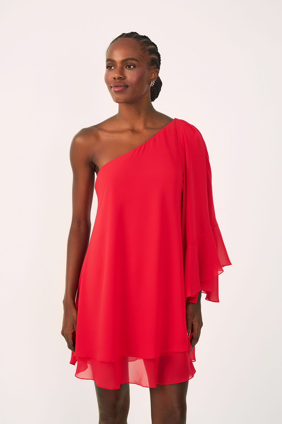 Sunset Red Asymmetric One-Shoulder Chiffon Gown with Waist Tie ¨C Thati Amorim Collection
