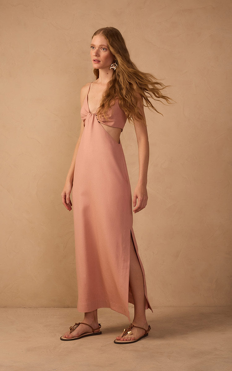 Pink Cut-Out Side Slits Linen Midi Dress