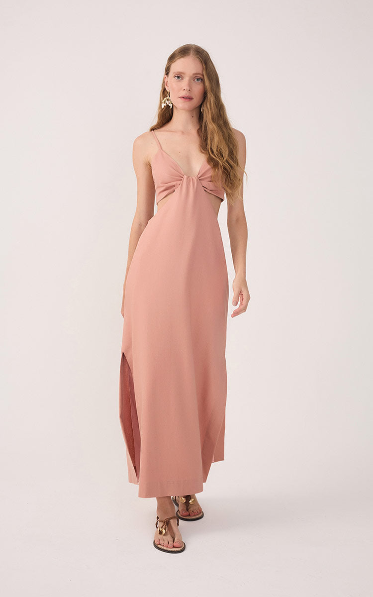 Pink Cut-Out Side Slits Linen Midi Dress