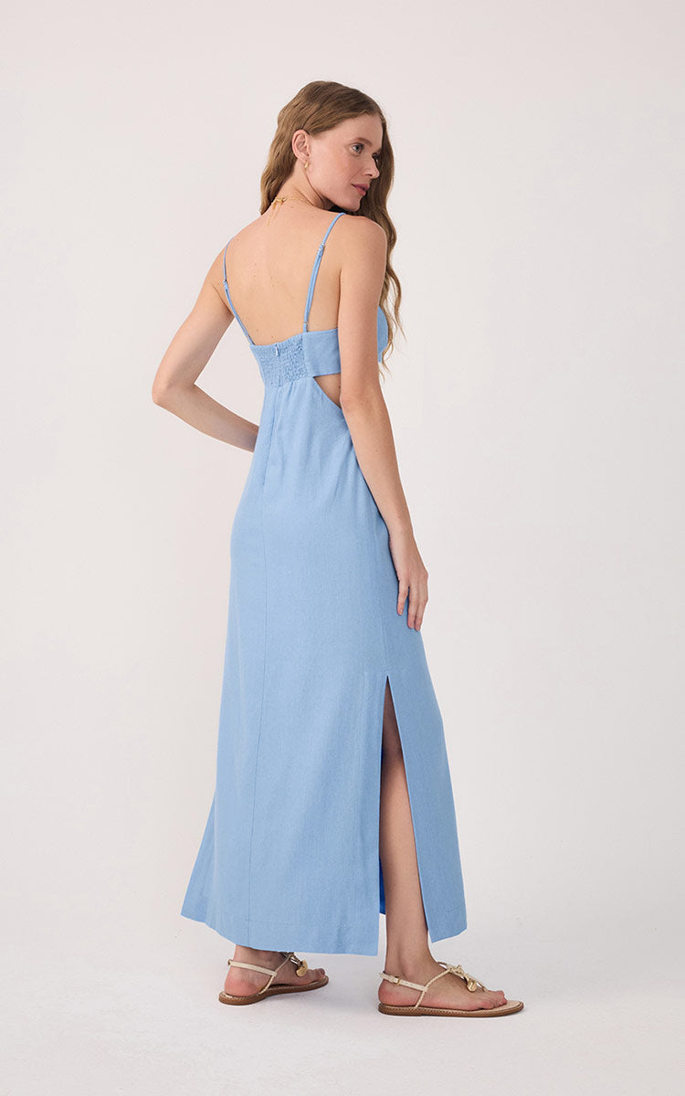 Blue Cut-Out Side Slits Linen Midi Dress