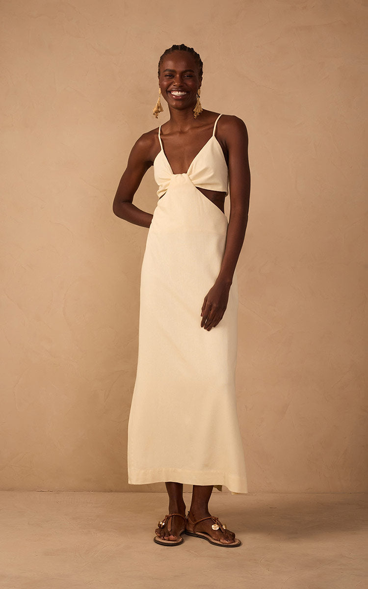 Beige Cut-Out Side Slits Linen Midi Dress