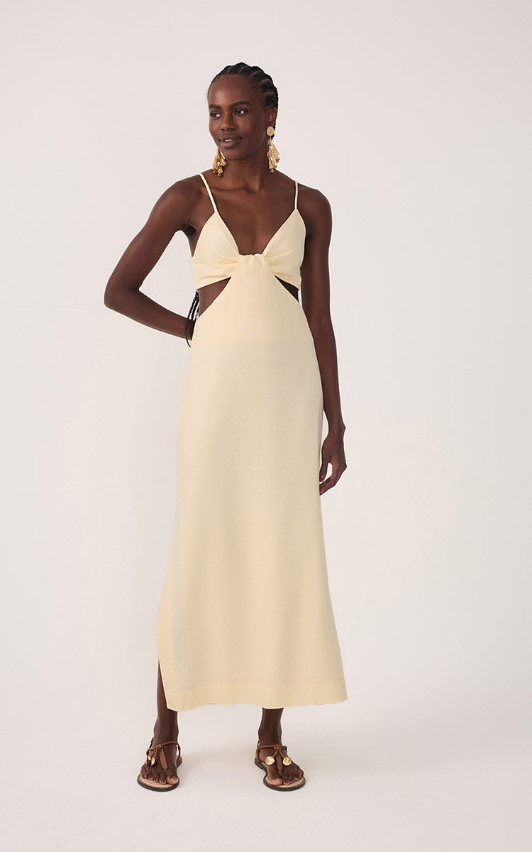 Beige Cut-Out Side Slits Linen Midi Dress