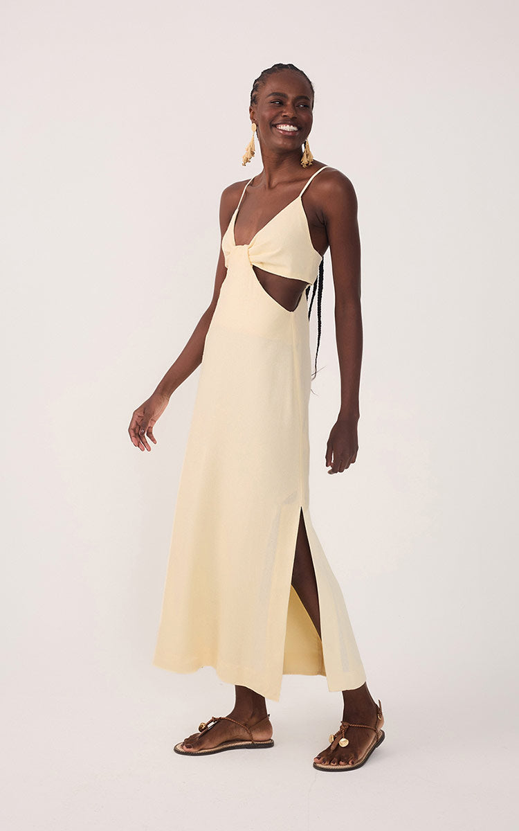 Beige Cut-Out Side Slits Linen Midi Dress