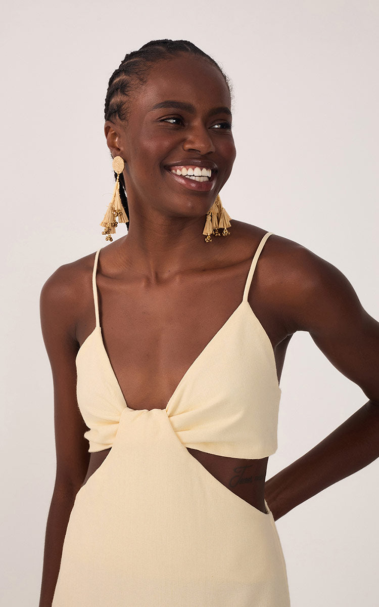 Beige Cut-Out Side Slits Linen Midi Dress