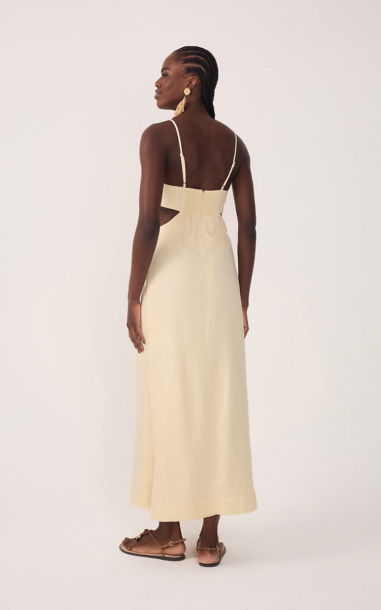 Beige Cut-Out Side Slits Linen Midi Dress