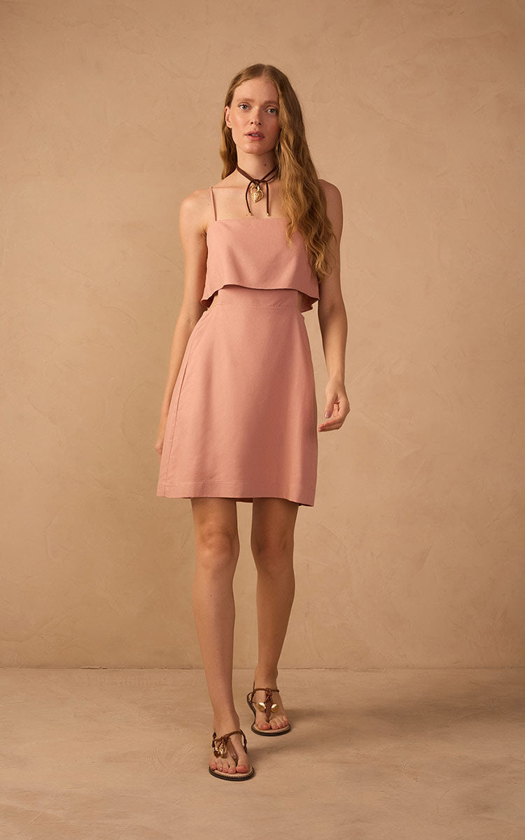 Pink Layered Sleeveless Linen Mini Dress