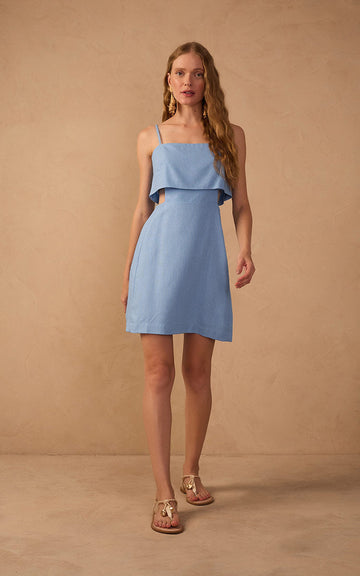 Blue Layered Sleeveless Linen Mini Dress