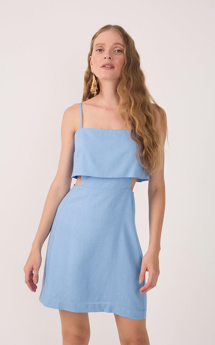 Blue Layered Sleeveless Linen Mini Dress