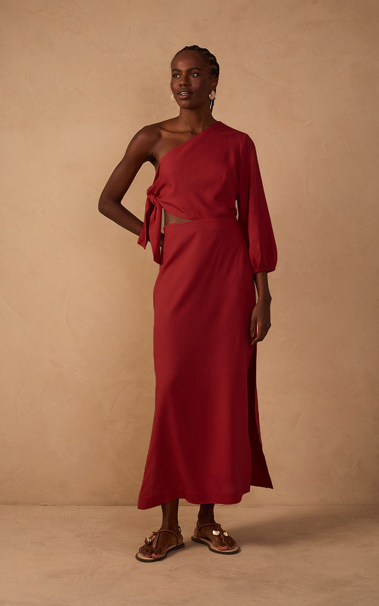 Linen One Shoulder Tie Dress