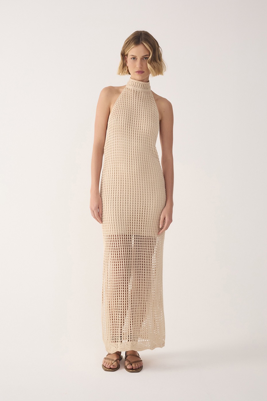 Beige Halter Neck Knitted Maxi Dress