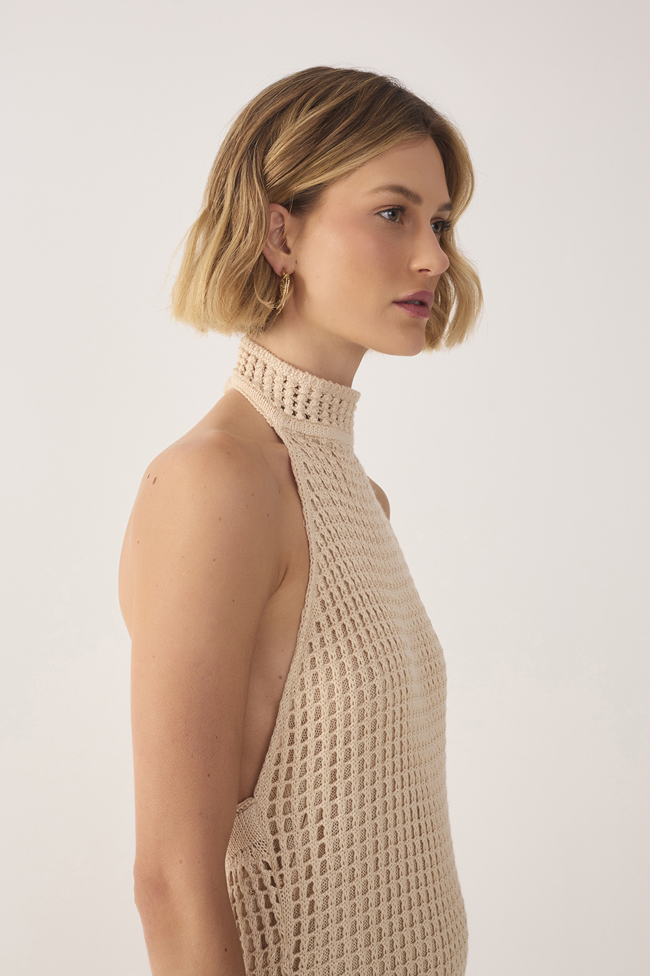 Beige Halter Neck Knitted Maxi Dress