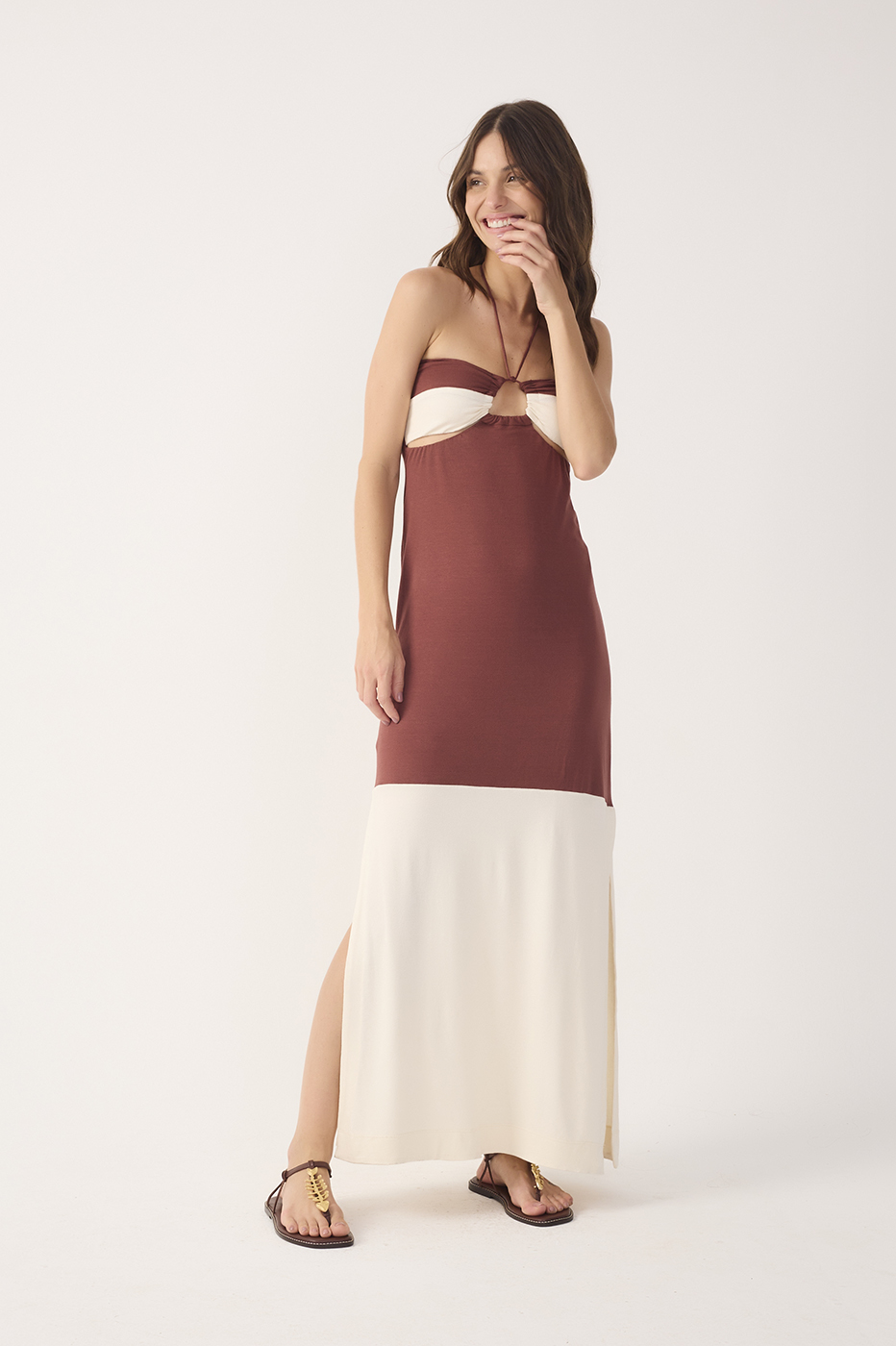 Multicolor Halter Neck Crepe Maxi Dress