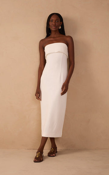 Off-White Strapless Pleats Midi Dress