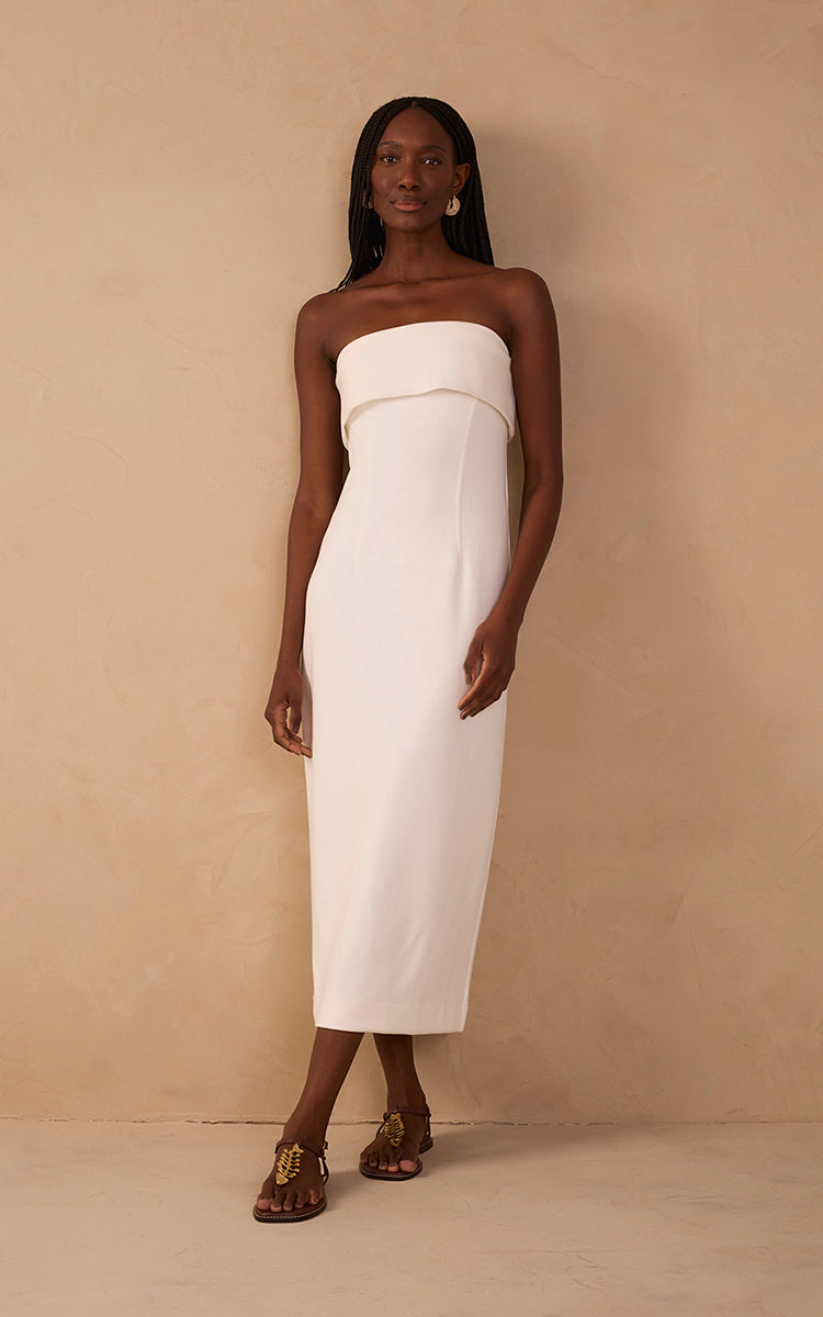 Off-White Strapless Pleats Midi Dress