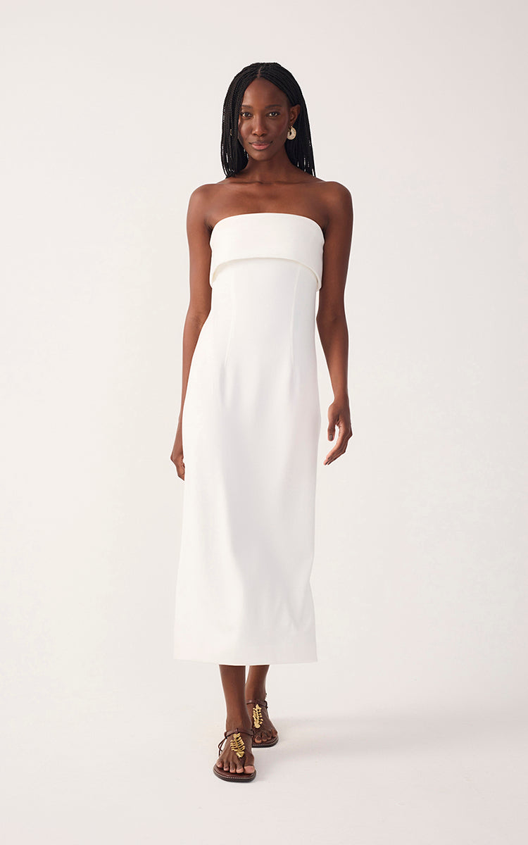 Off-White Strapless Pleats Midi Dress