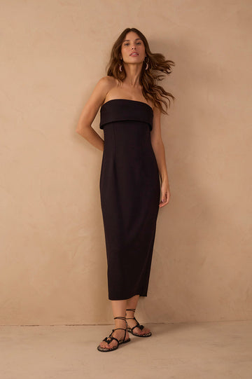 Black Strapless Pleats Midi Dress