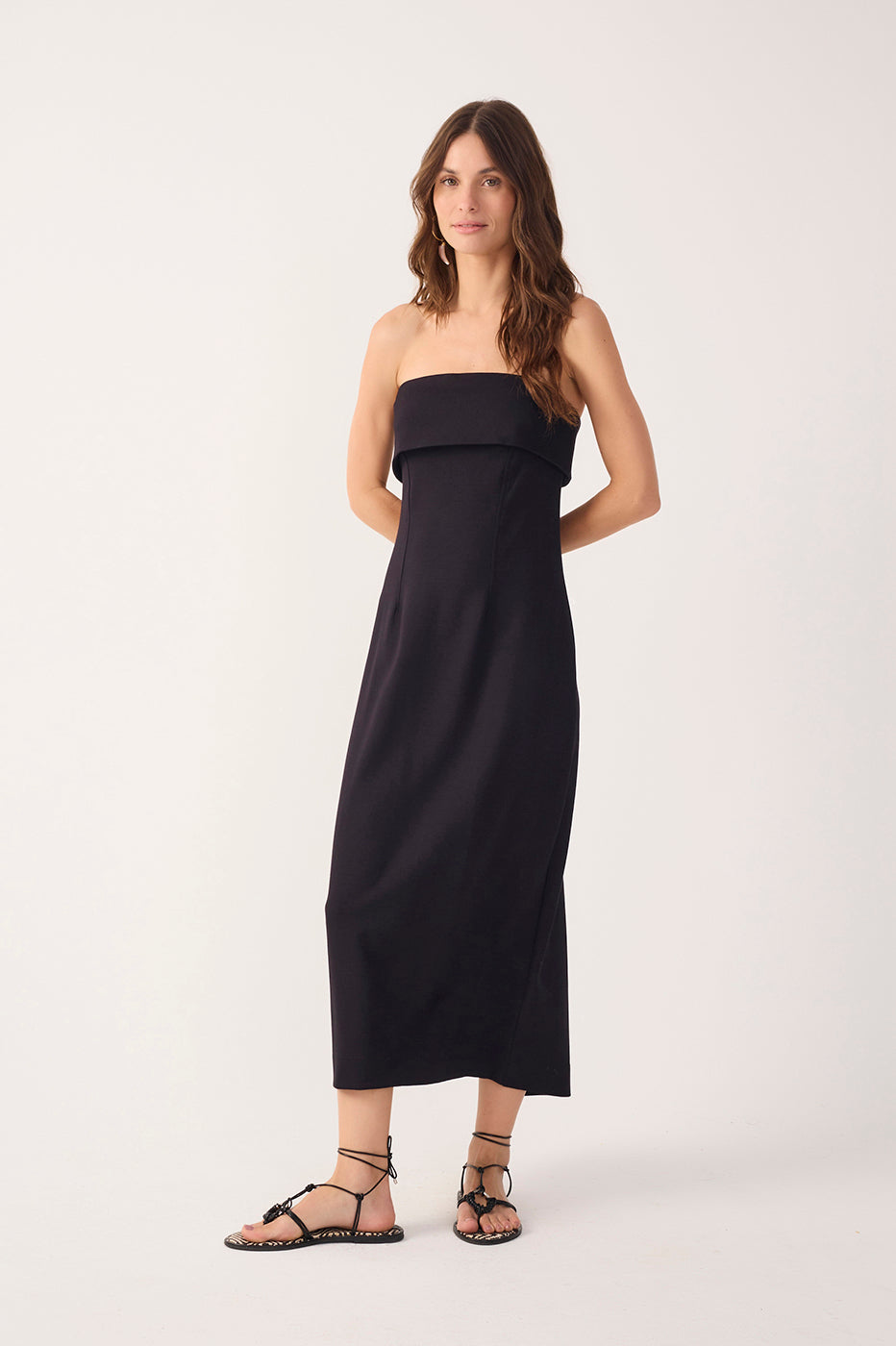 Black Strapless Pleats Midi Dress