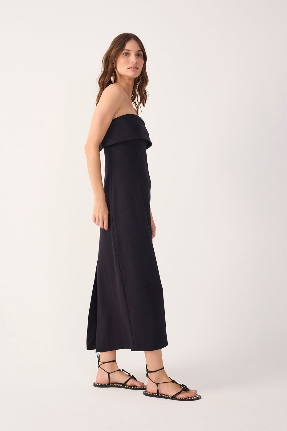 Black Strapless Pleats Midi Dress