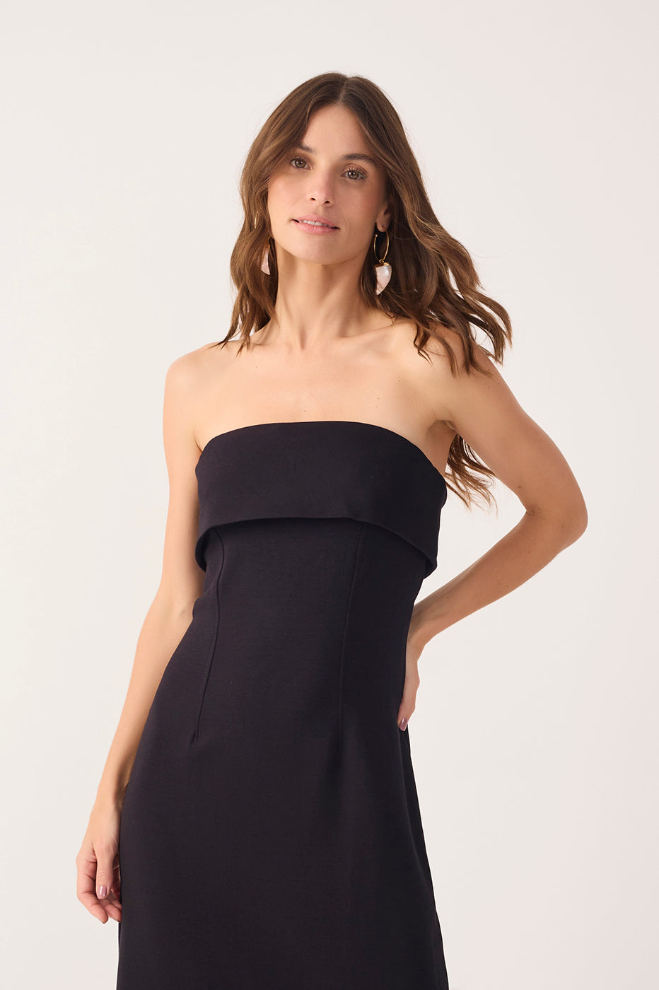 Black Strapless Pleats Midi Dress