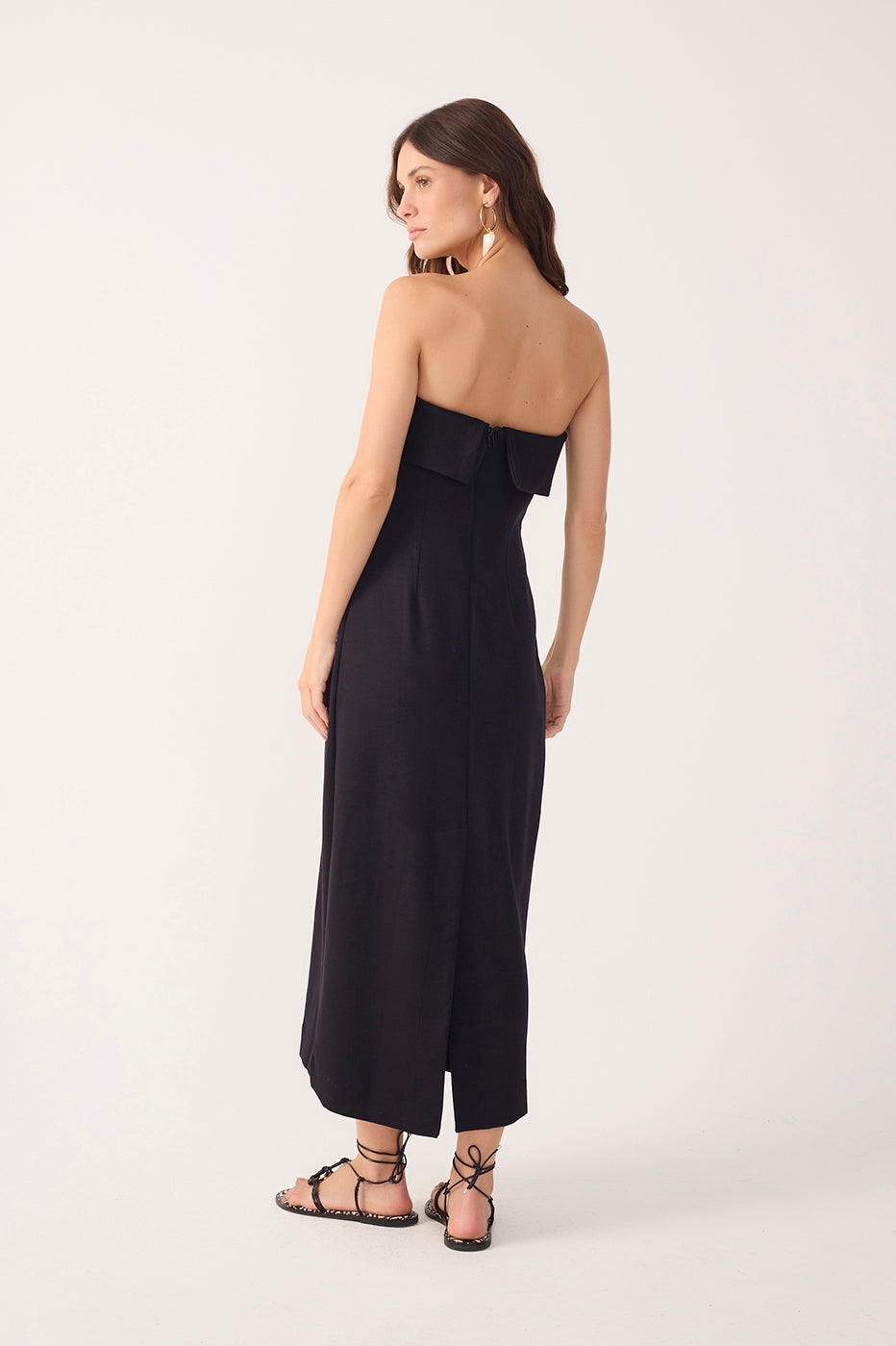 Black Strapless Pleats Midi Dress