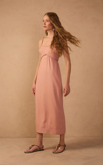 Pink Sleeveless Cut-Out Linen Midi Dress