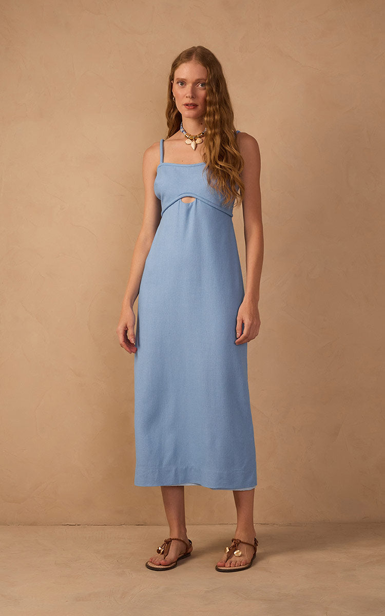 Blue Sleeveless Cut-Out Linen Midi Dress