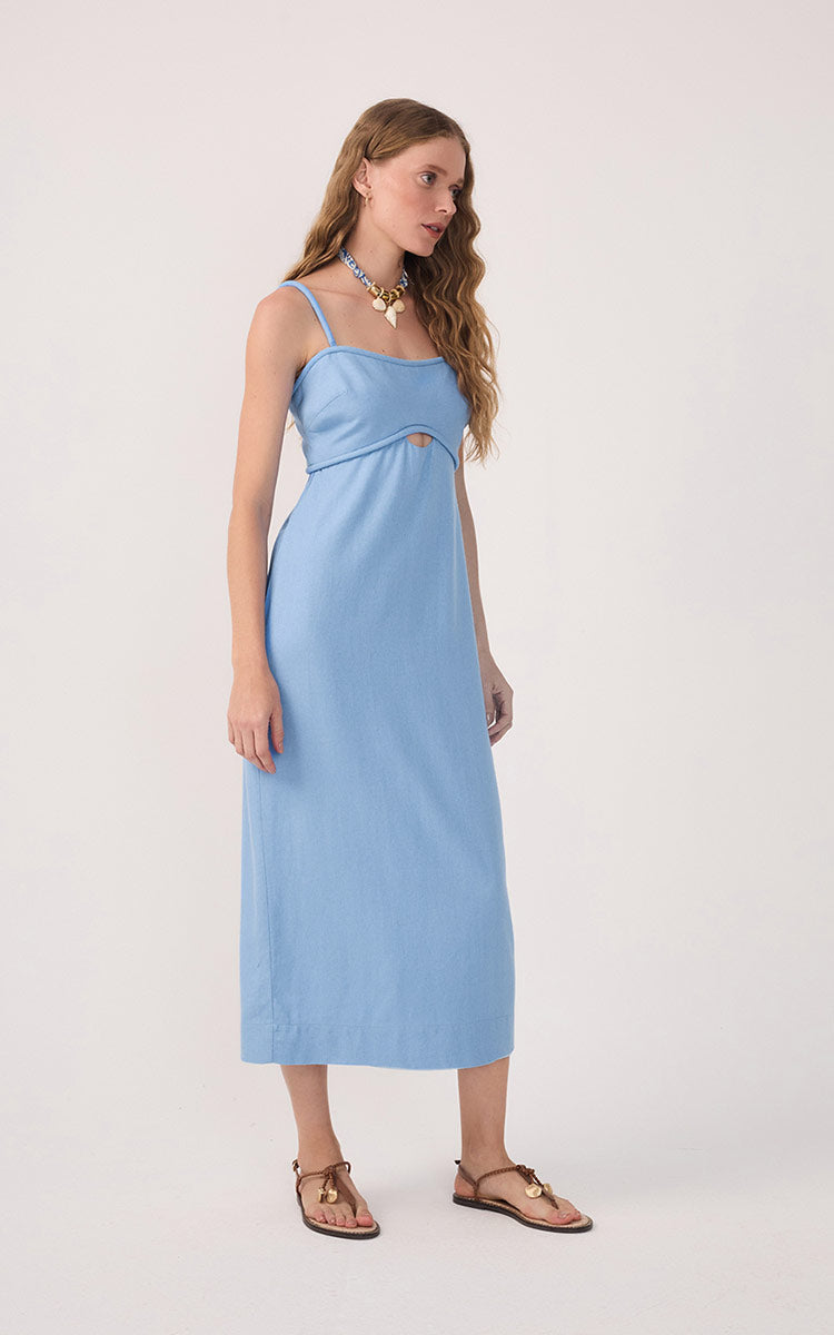Blue Sleeveless Cut-Out Linen Midi Dress