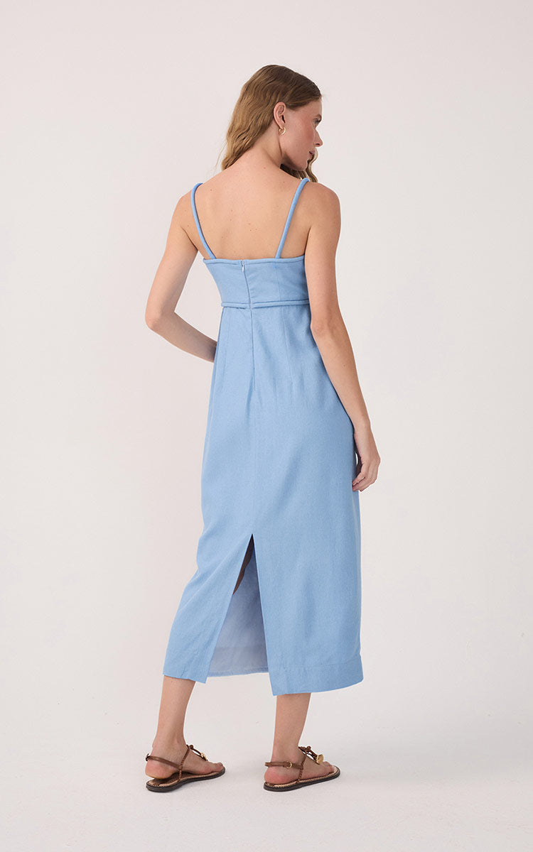Blue Sleeveless Cut-Out Linen Midi Dress