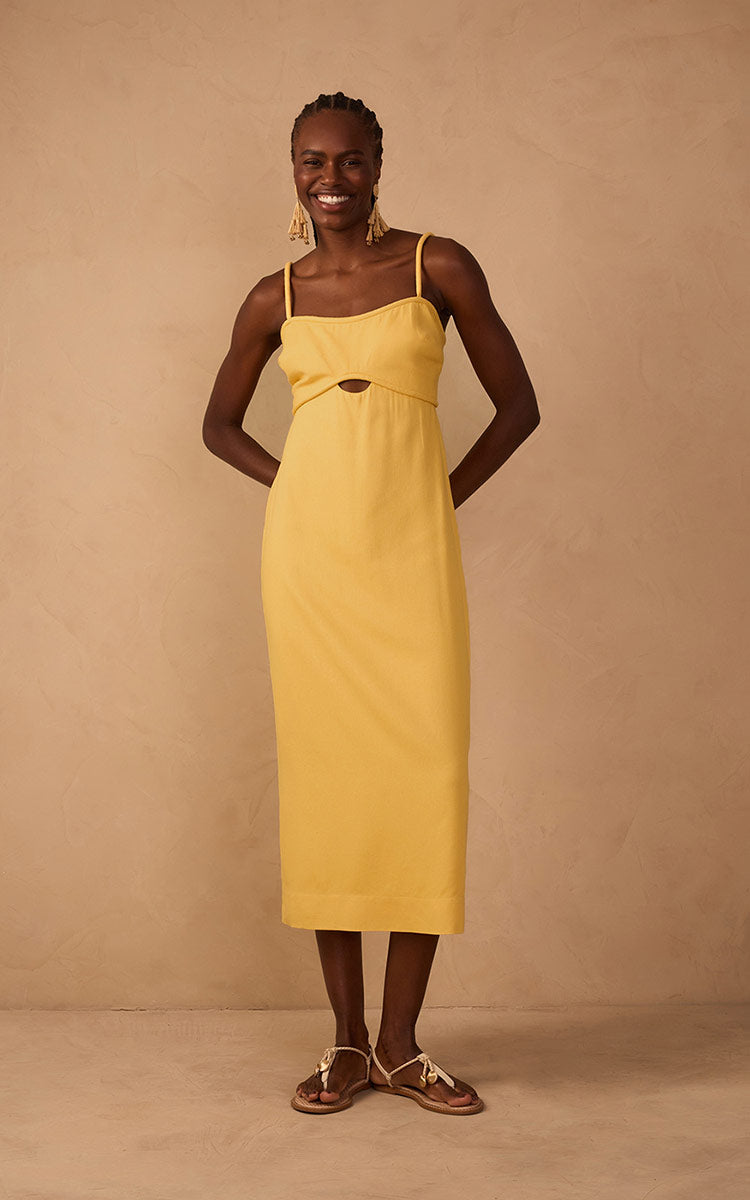 Yellow Sleeveless Cut-Out Linen Midi Dress