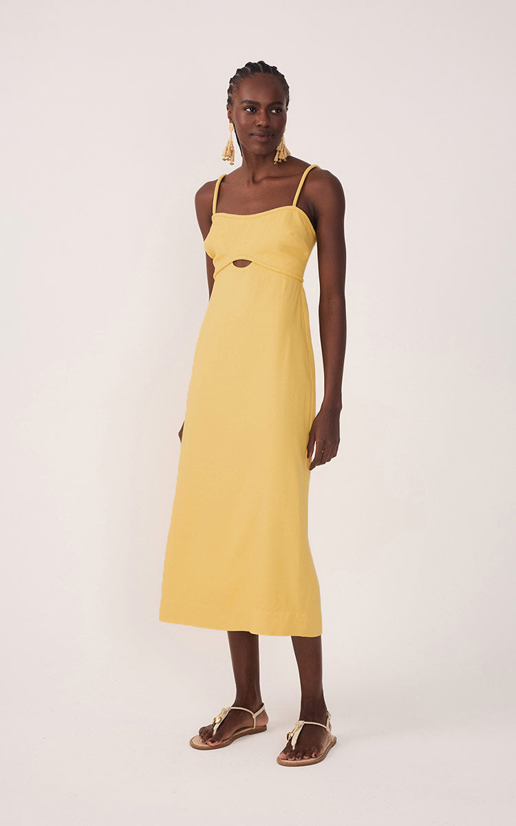 Yellow Sleeveless Cut-Out Linen Midi Dress