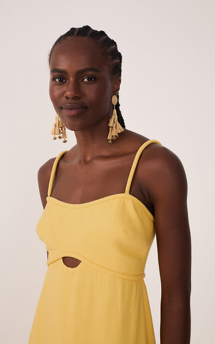 Yellow Sleeveless Cut-Out Linen Midi Dress