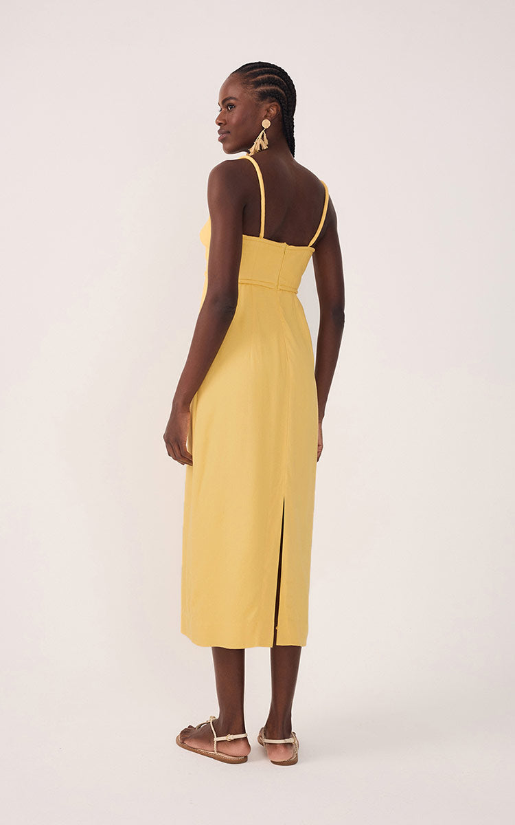 Yellow Sleeveless Cut-Out Linen Midi Dress