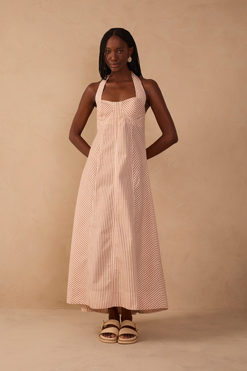 Red Stripes Topstitching Twill Cotton Maxi Dress