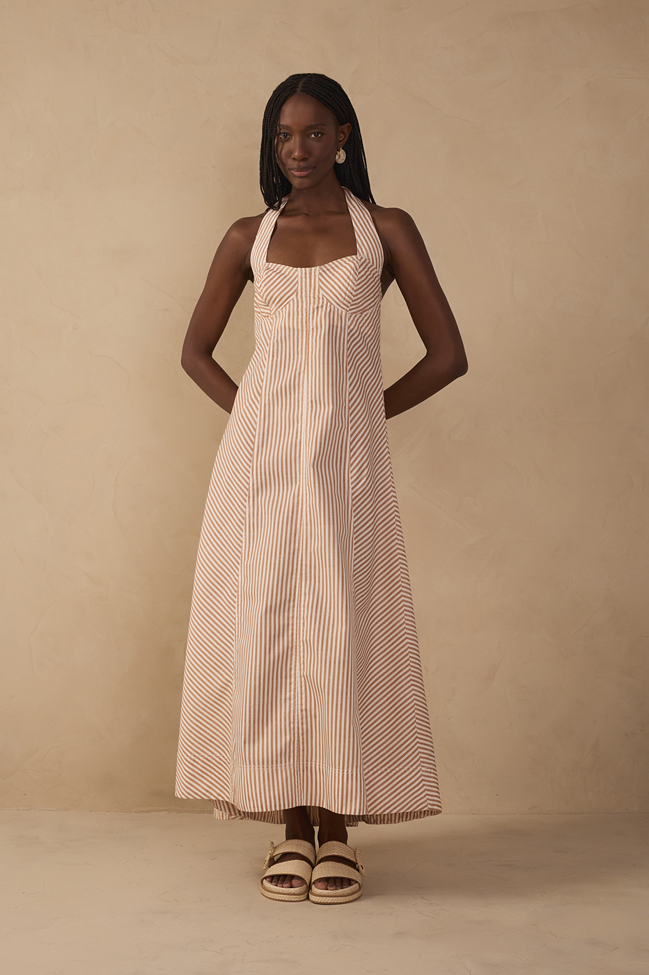 Red Stripes Topstitching Twill Cotton Maxi Dress