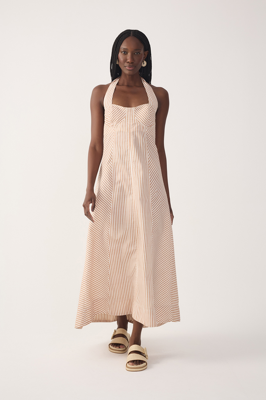 Red Stripes Topstitching Twill Cotton Maxi Dress