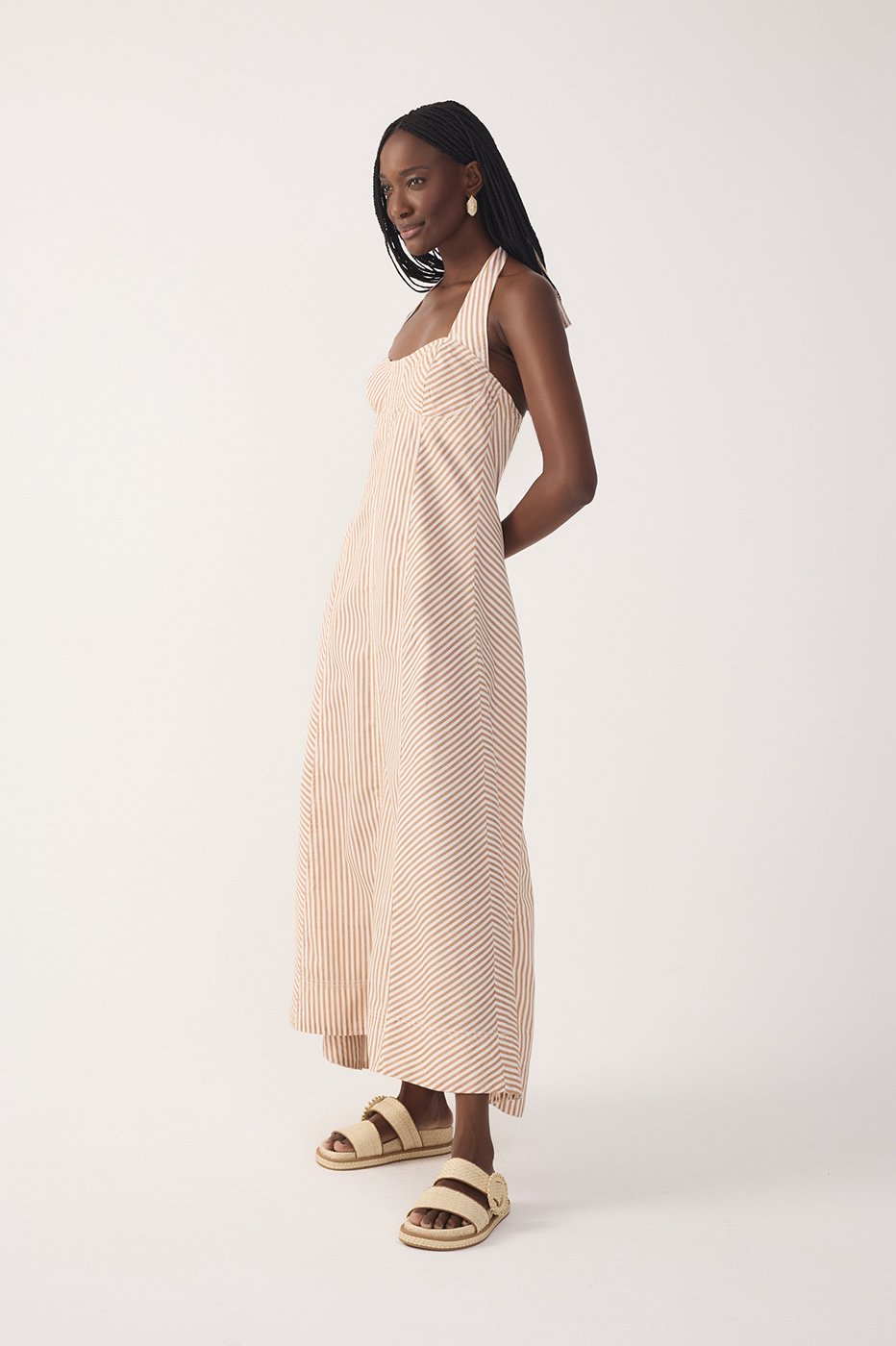 Red Stripes Topstitching Twill Cotton Maxi Dress