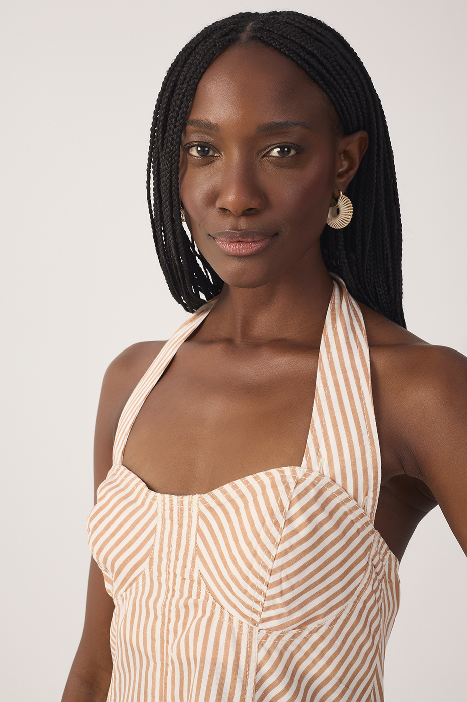 Red Stripes Topstitching Twill Cotton Maxi Dress