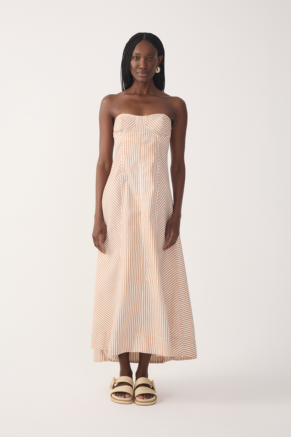Red Stripes Topstitching Twill Cotton Maxi Dress