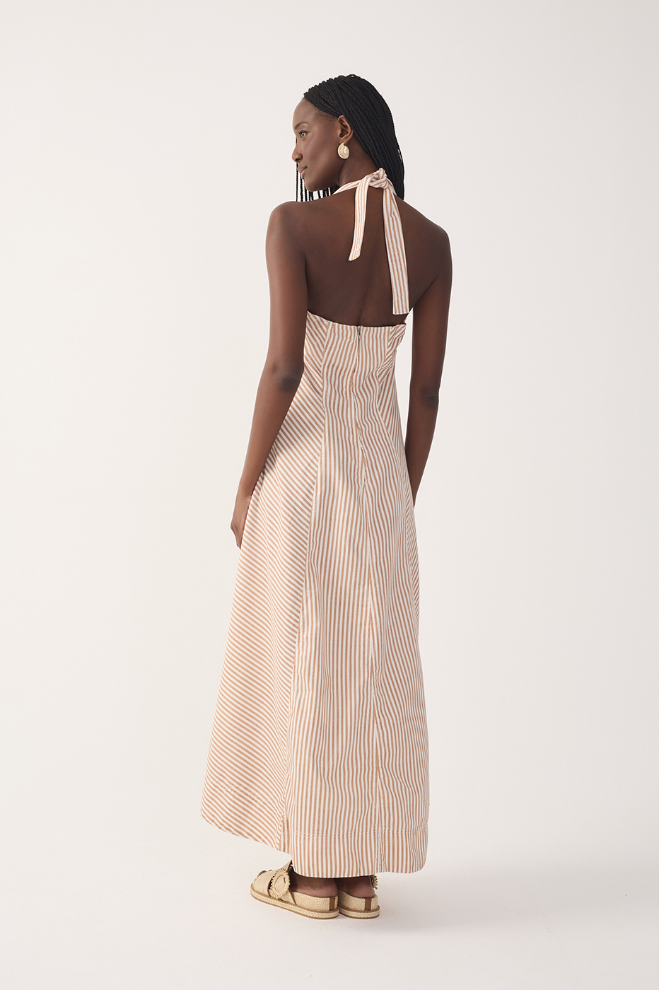 Red Stripes Topstitching Twill Cotton Maxi Dress