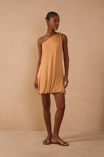 Beige One-Shoulder Balloon Mini Dress